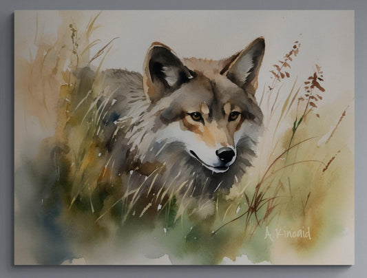 a painting of a wolf in the grass