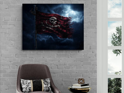 Pirate Flag Red Canvas Art, Jolly Roger Skull Print, Gothic Nautical Wall Decor, Dark Pirate Ship Flag Painting, Maritime Home Artwork