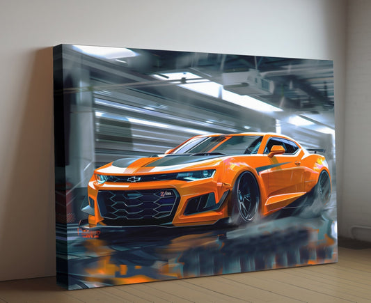 2023 Chevrolet Camaro Z/28 Canvas Print | Auto Wall Art Decor | Orange/Black SS/RS Retro Muscle Car | Car Lovers Poster Gift | Garage Office