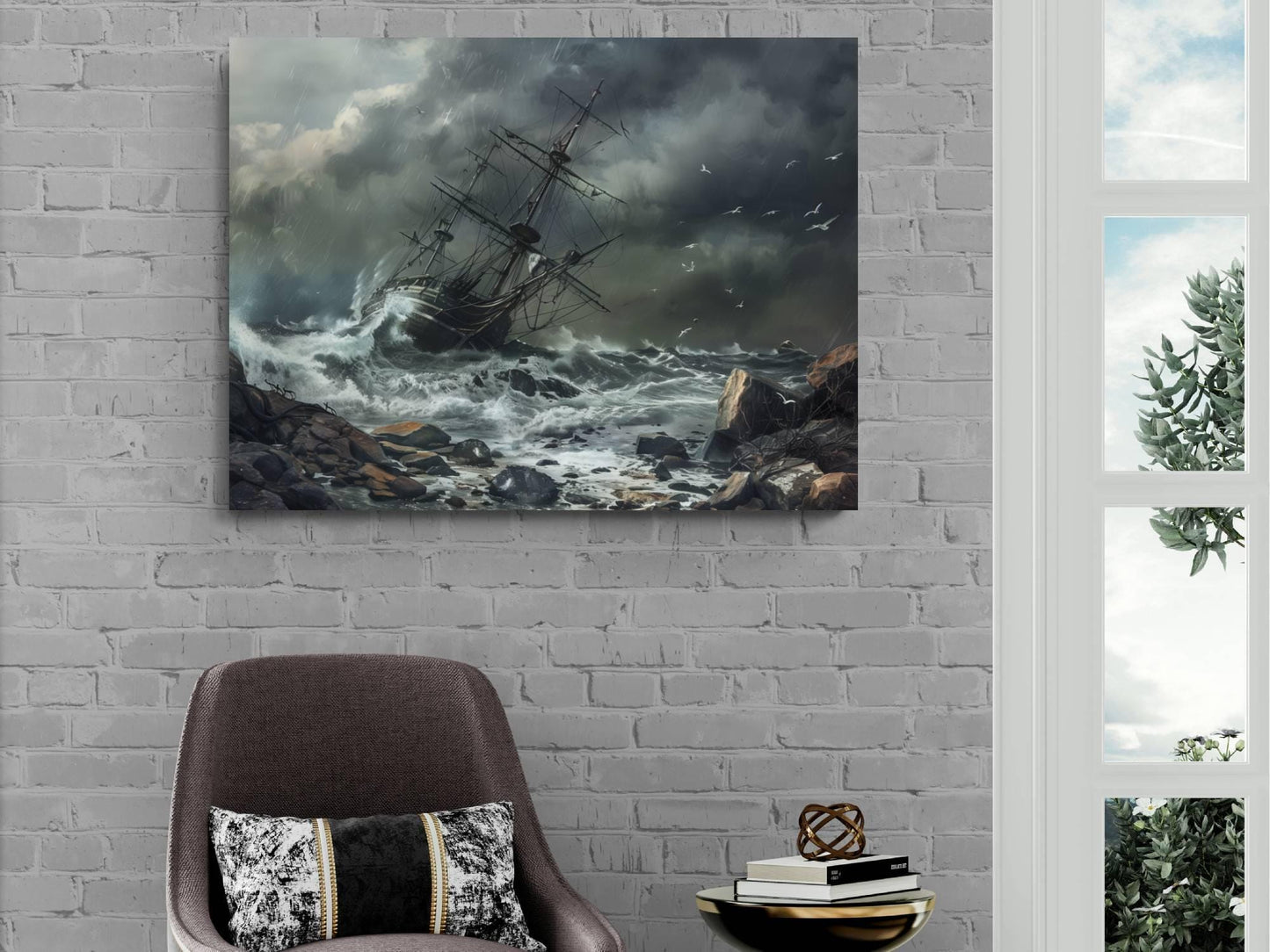 Shipwreck on Rocks Canvas, Storm Disaster Print, Pirate Vessel Crash Wall Decor, Dramatic Grey Seascape Painting, Maritime Tragedy