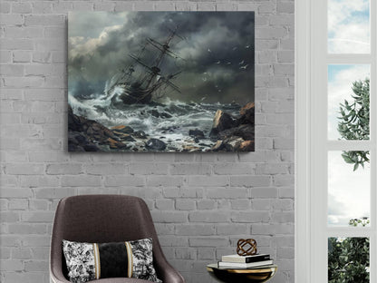 Shipwreck on Rocks Canvas, Storm Disaster Print, Pirate Vessel Crash Wall Decor, Dramatic Grey Seascape Painting, Maritime Tragedy