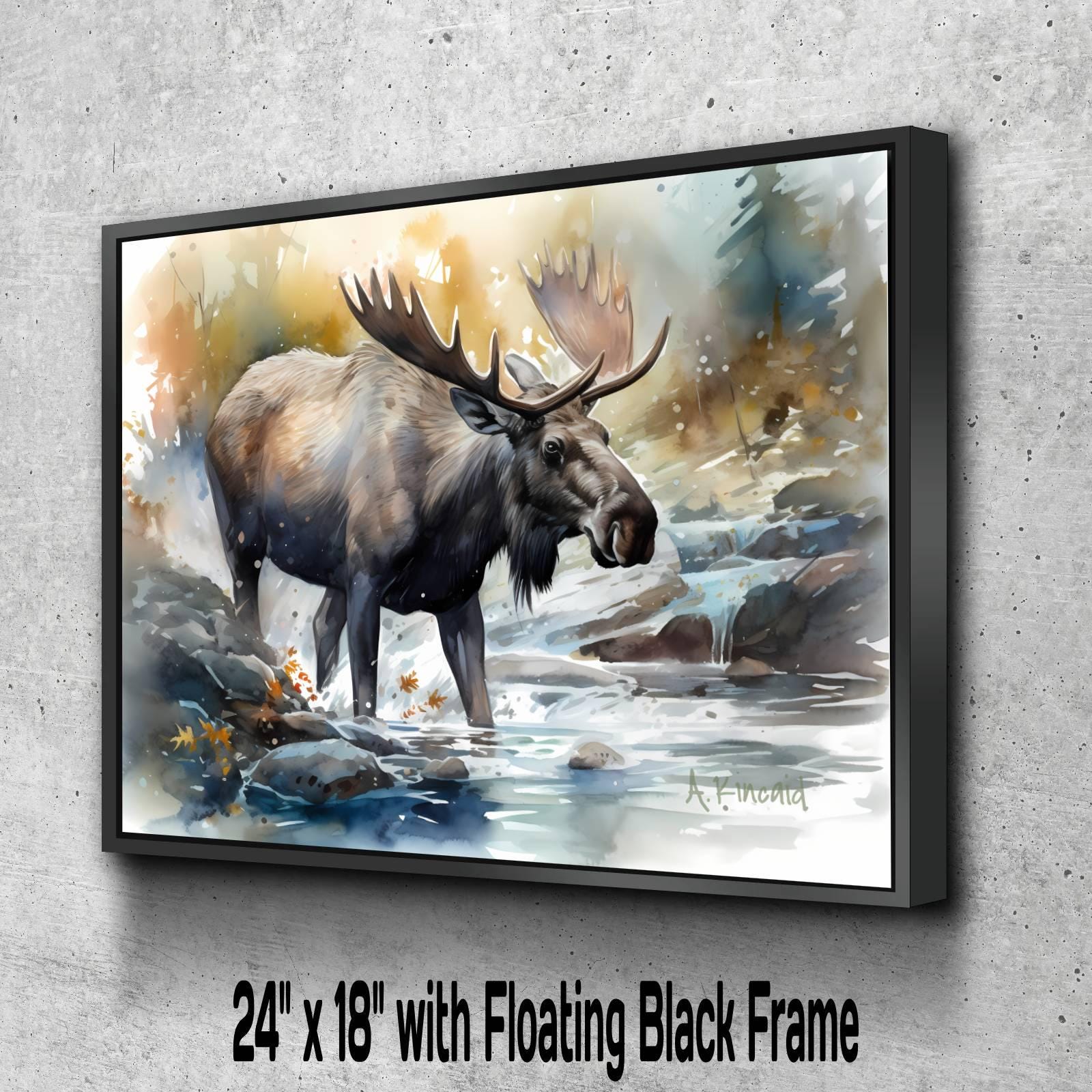 A painting of a moose standing in a river, with a black frame.