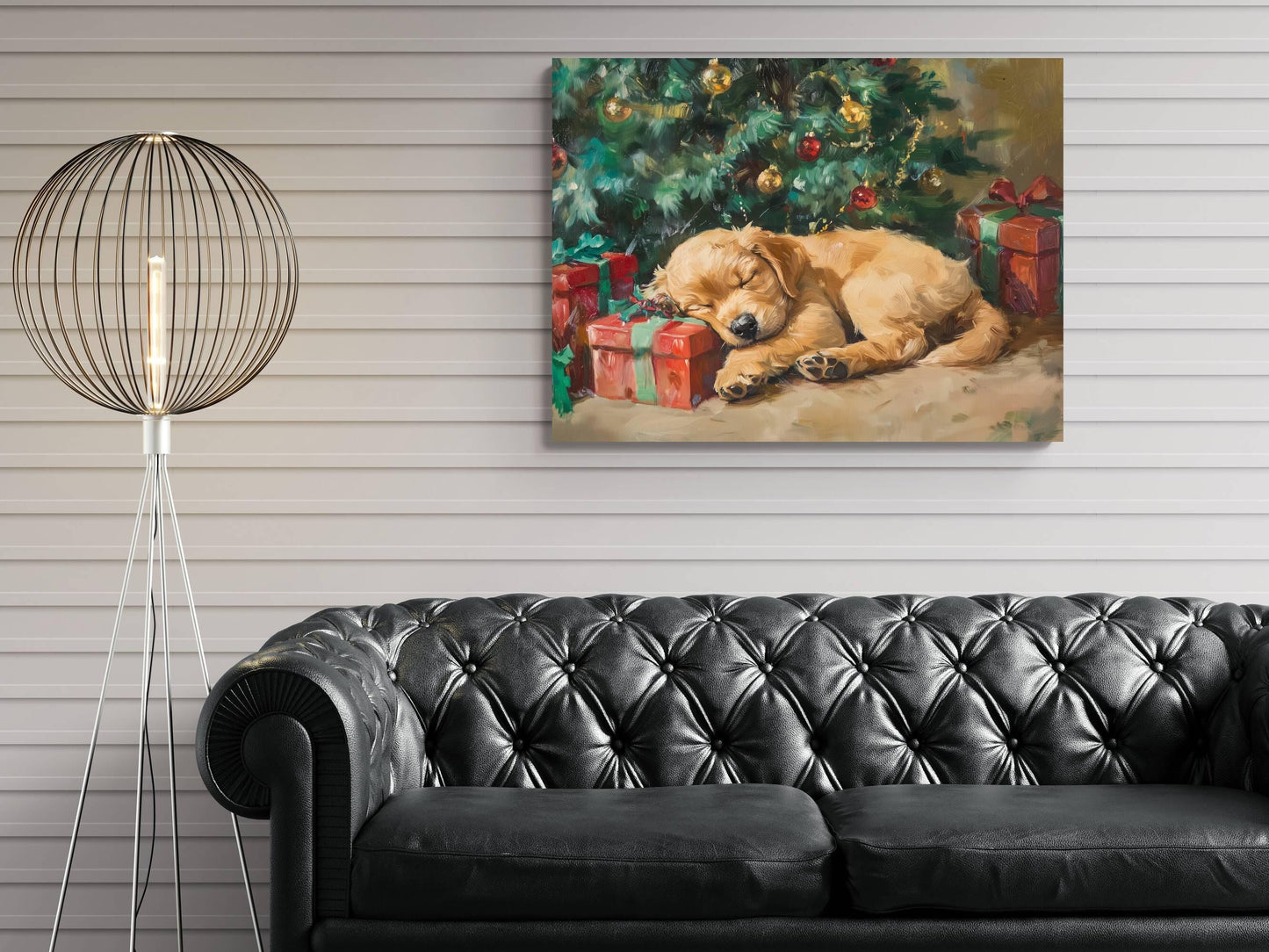 Christmas Puppy Art Print | Golden Retriever Holiday Wall Decor | Sleeping Dog Under Tree | Xmas Gift Present Painting | Cozy Pet Art