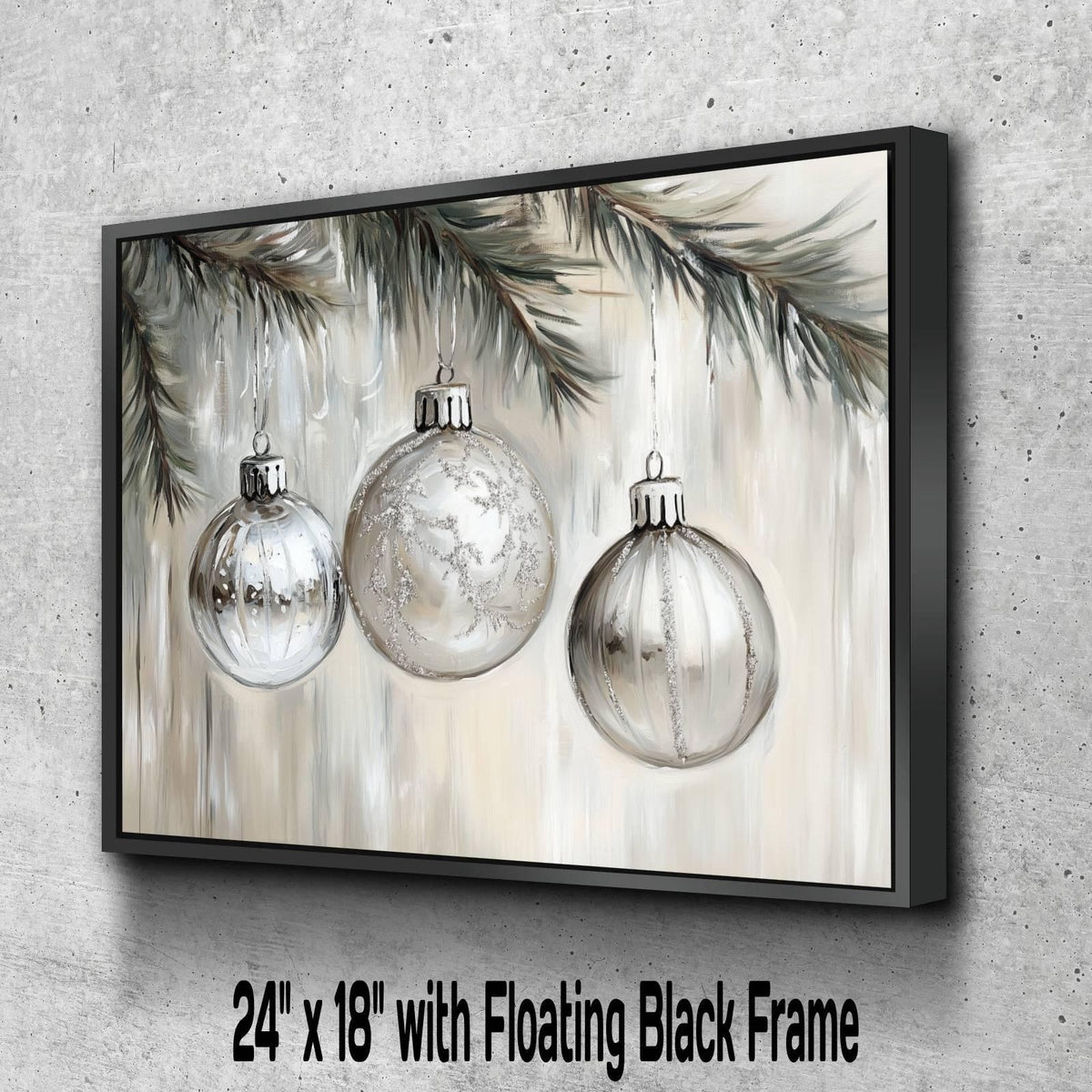 Silver Christmas Ornaments Print | Glass Baubles Evergreen Branch Art | Holiday Tree Decorations Wall Decor | Xmas Ornament Painting