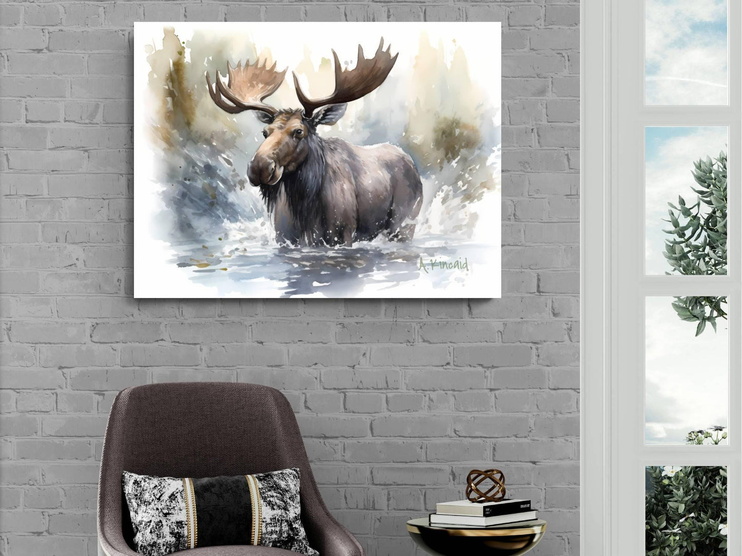 a moose standing in a body of water, surrounded by a natural environment.