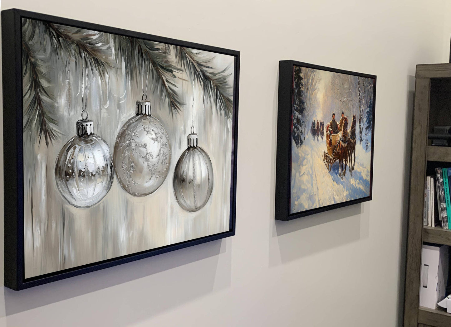 Silver Christmas Ornaments Print | Glass Baubles Evergreen Branch Art | Holiday Tree Decorations Wall Decor | Xmas Ornament Painting