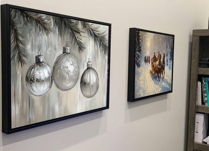 Silver Christmas Ornaments Print | Glass Baubles Evergreen Branch Art | Holiday Tree Decorations Wall Decor | Xmas Ornament Painting