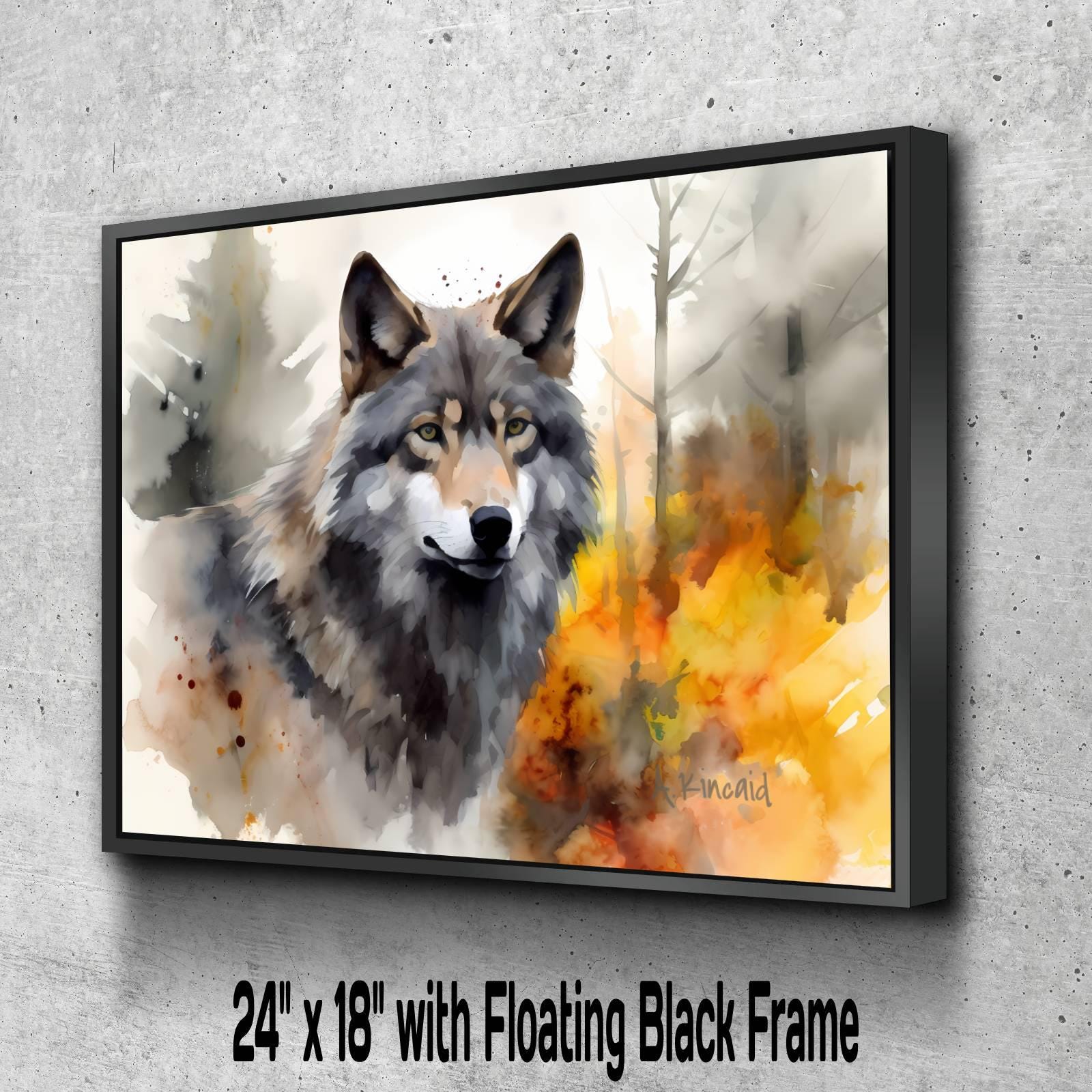 A digital painting of a wolf in a forest setting, with a black frame.