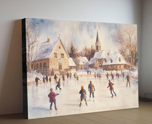 Winter Ice Skating Print | Snowy Village Rink Wall Art | Christmas Town Square Scene | Holiday Watercolor Painting | Festive Winter Activity