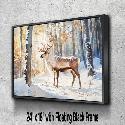 Winter Reindeer Forest Print | Snowy Woodland Stag Wall Art | Christmas Deer Nature Painting | Holiday Wildlife Scene | Rustic Animal Decor