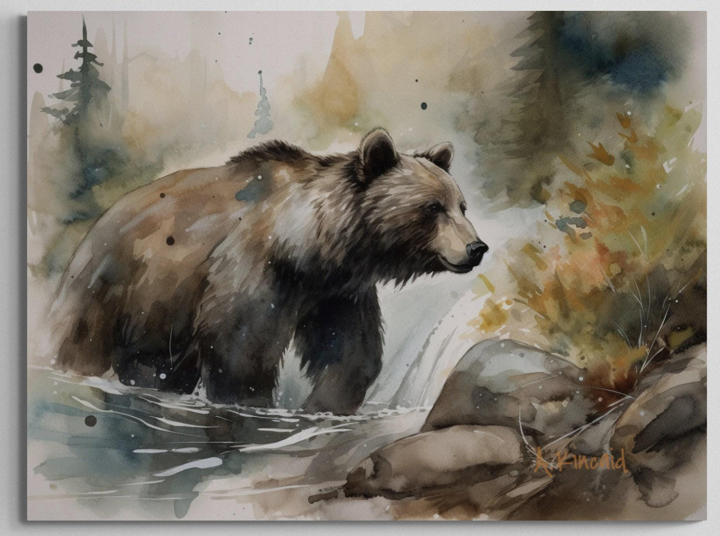 a watercolor painting of a bear in a stream
