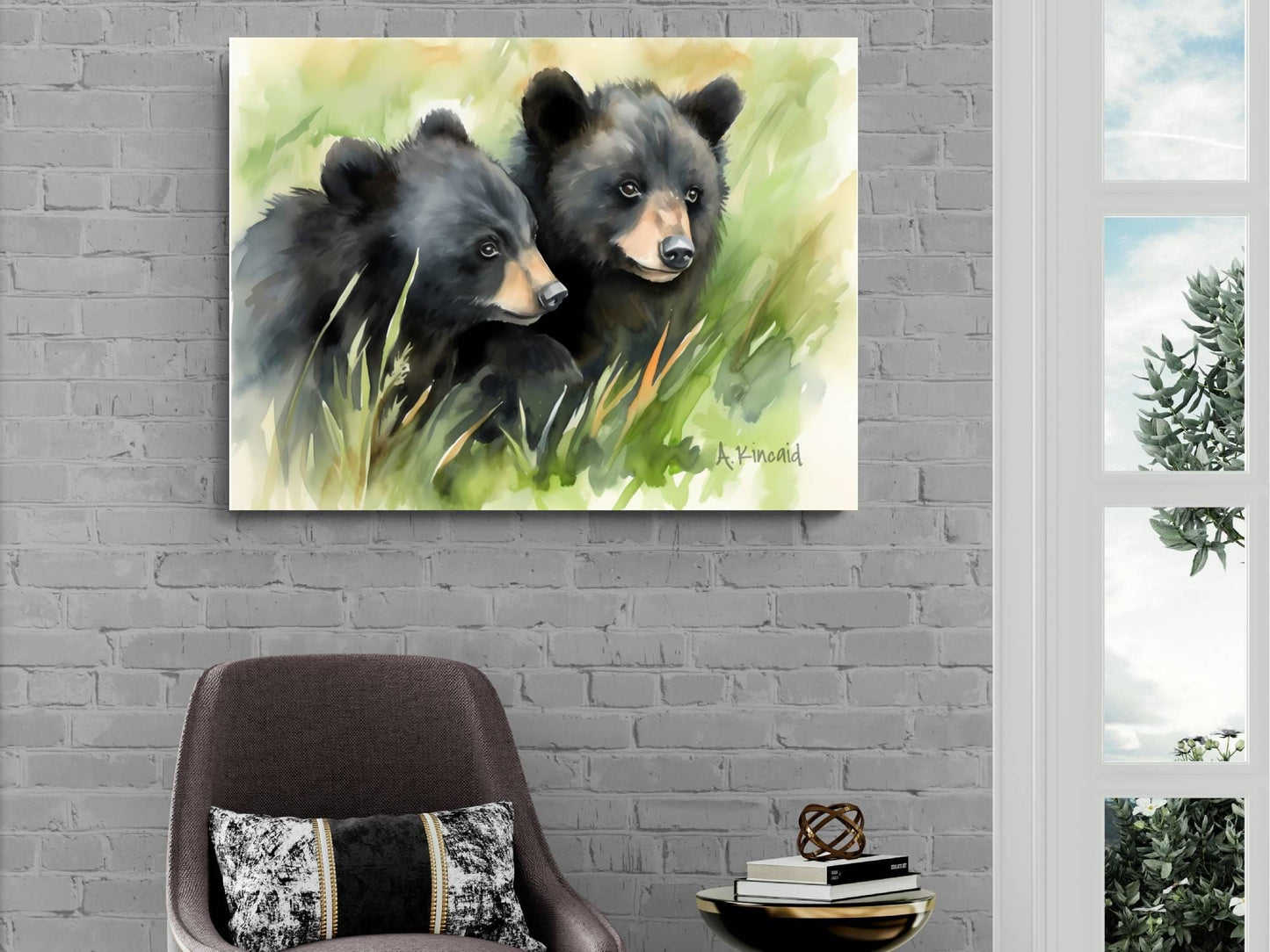 two black bears in a grassy field, with one bear looking directly at the camera and the other bear looking away.