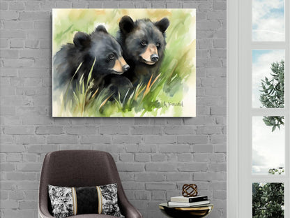 two black bears in a grassy field, with one bear looking directly at the camera and the other bear looking away.