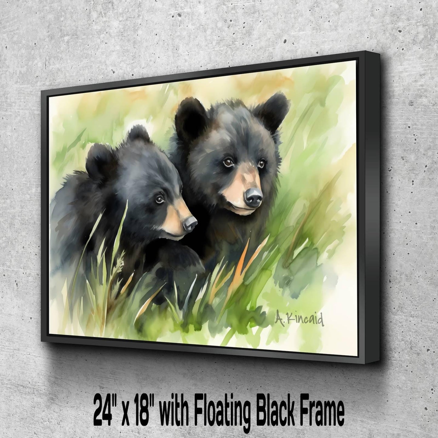 A painting of two black bears resting in the grass, with a floating black frame.