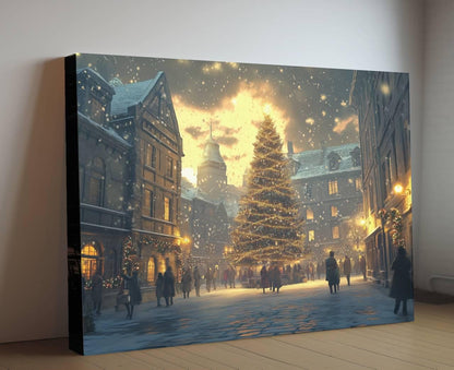 Christmas Town Square Print | Snowy Evening Tree Lights Wall Art | Holiday Market Scene Painting | Festive Winter Village |Xmas Street Decor