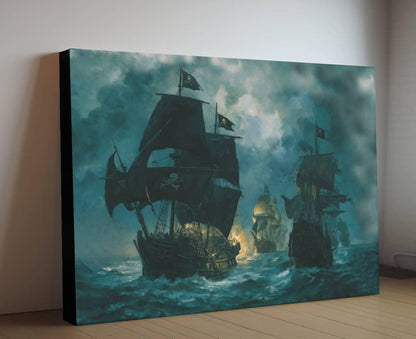 Pirate Naval Battle Canvas, Sea Warfare Ships Print, Jolly Roger Fleet Wall Decor, Burning Vessels Teal Ocean Painting