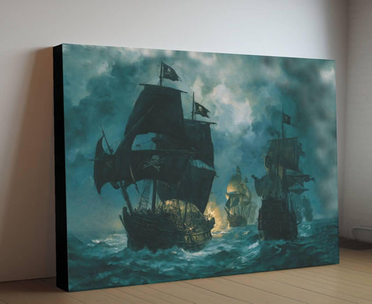 Pirate Naval Battle Canvas, Sea Warfare Ships Print, Jolly Roger Fleet Wall Decor, Burning Vessels Teal Ocean Painting
