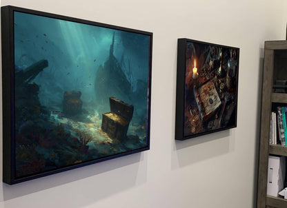 Underwater Shipwreck Treasure Canvas, Sunken Pirate Gold Print, Ocean Floor Discovery Wall Decor, Turquoise Marine Painting