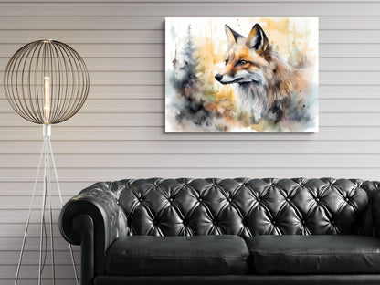a black leather couch in a living room setting, with a painting of a fox hanging on the wall above it.