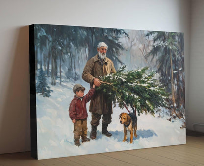 Christmas Tree Cutting Art Print | Grandfather Child Winter Forest | Holiday Tradition Wall Decor | Snowy Woods Family Scene | Xmas Tree