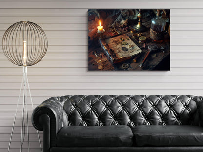 Pirate Personal Effects Canvas, Treasure Map Journal Print, Gold Coins Still Life Decor, Candlelit Maritime Belongings