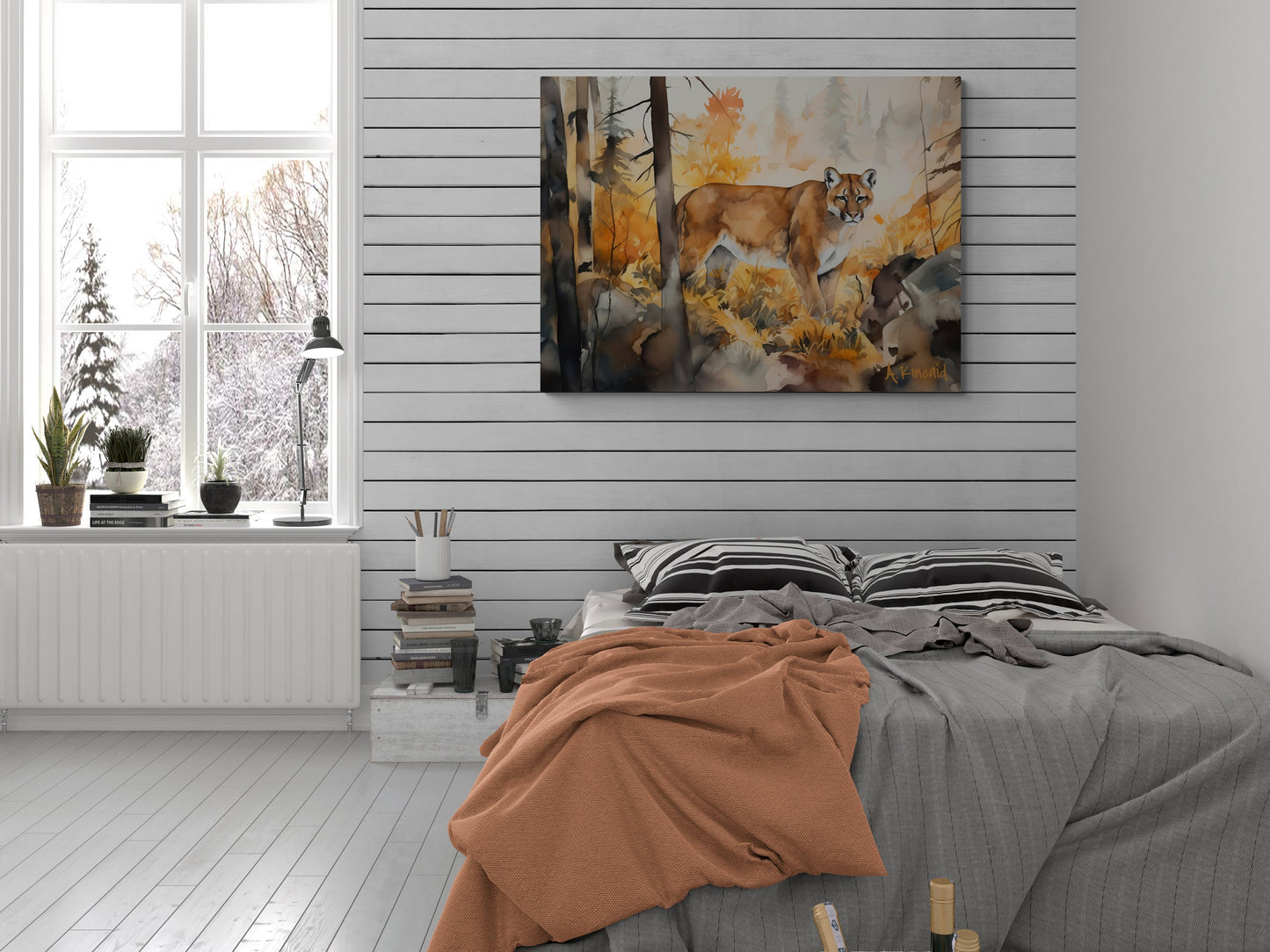 Mountain Lion in Forest  | Canvas Print | Wildlife Art | Cabin Art | Forest Art | Archer Kincaid