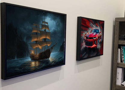 Pirate Ship at Night Canvas Art, Glowing Sails Ocean Print, Dark Nautical Wall Decor, Moonlit Maritime Painting, Sailing Ship Artwork