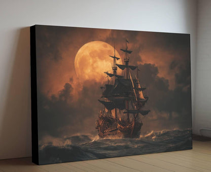 Pirate Ship Full Moon Canvas, Orange Sunset Nautical Print, Gothic Maritime Wall Decor, Stormy Ocean Sailing Artwork