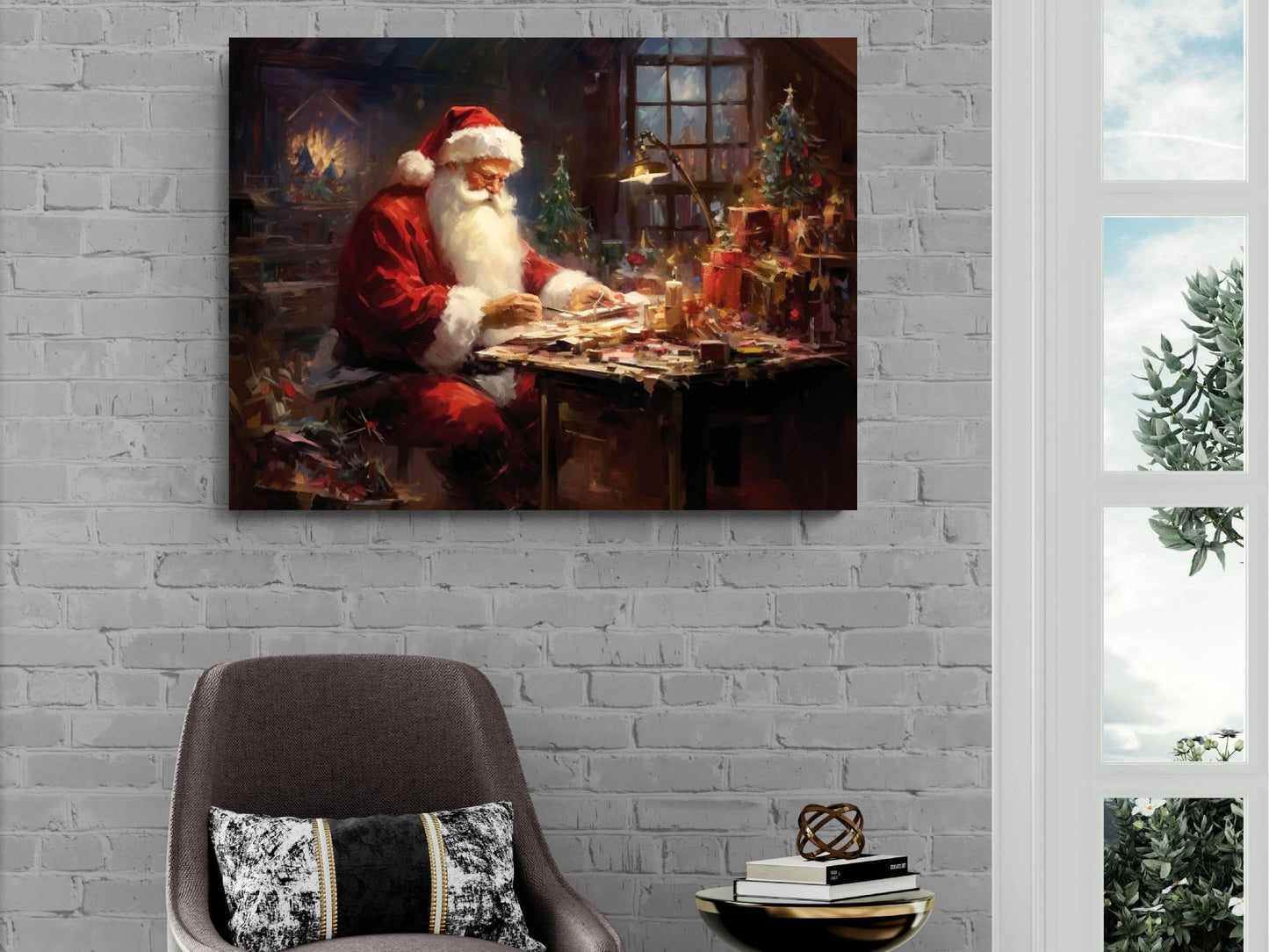 Vintage Santa Claus Canvas Print, Christmas Eve Planning Scene, Festive Workshop Art, Holiday Decor, Seasonal Wall Art, Gift for Christmas
