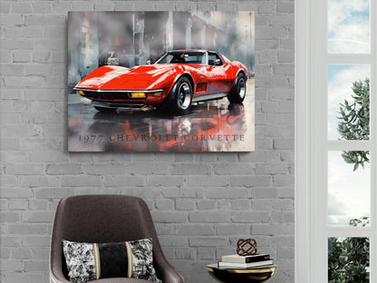 1977 Chevrolet Corvette Canvas Print | Vintage Auto Wall Art Decor | Retro Sports Car | Car Lovers Poster Gift | C3 Red Vette Chevy, Mancave