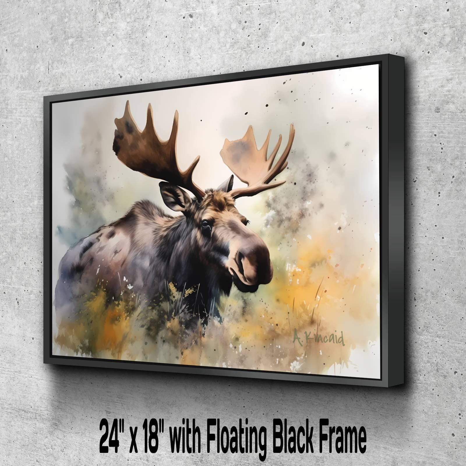 A framed painting of a moose with large antlers, set against a background of yellow and orange splashes.