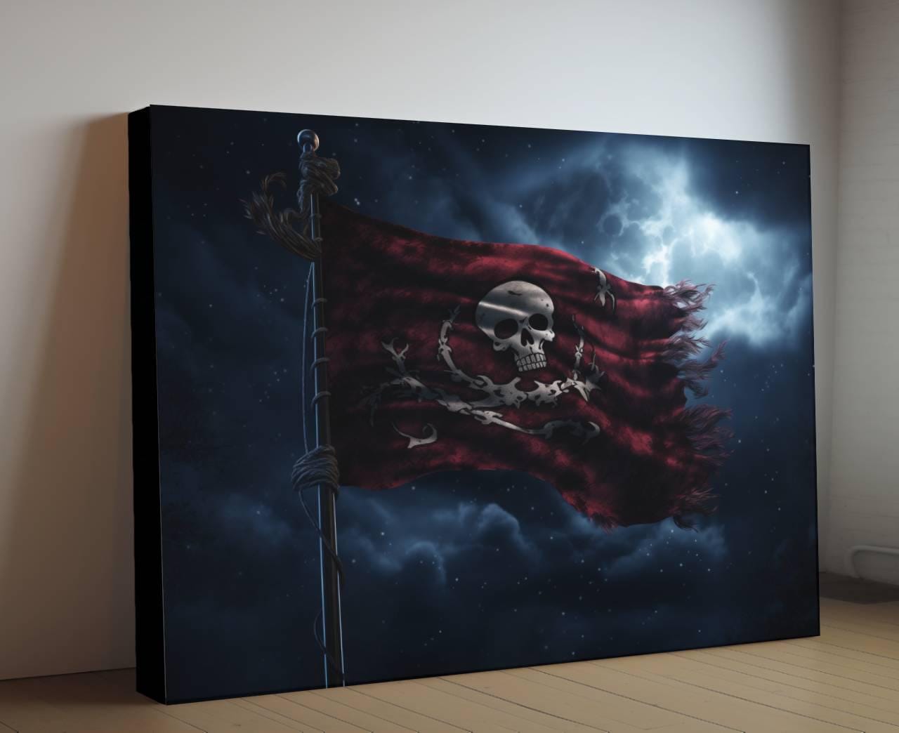 Pirate Flag Red Canvas Art, Jolly Roger Skull Print, Gothic Nautical Wall Decor, Dark Pirate Ship Flag Painting, Maritime Home Artwork