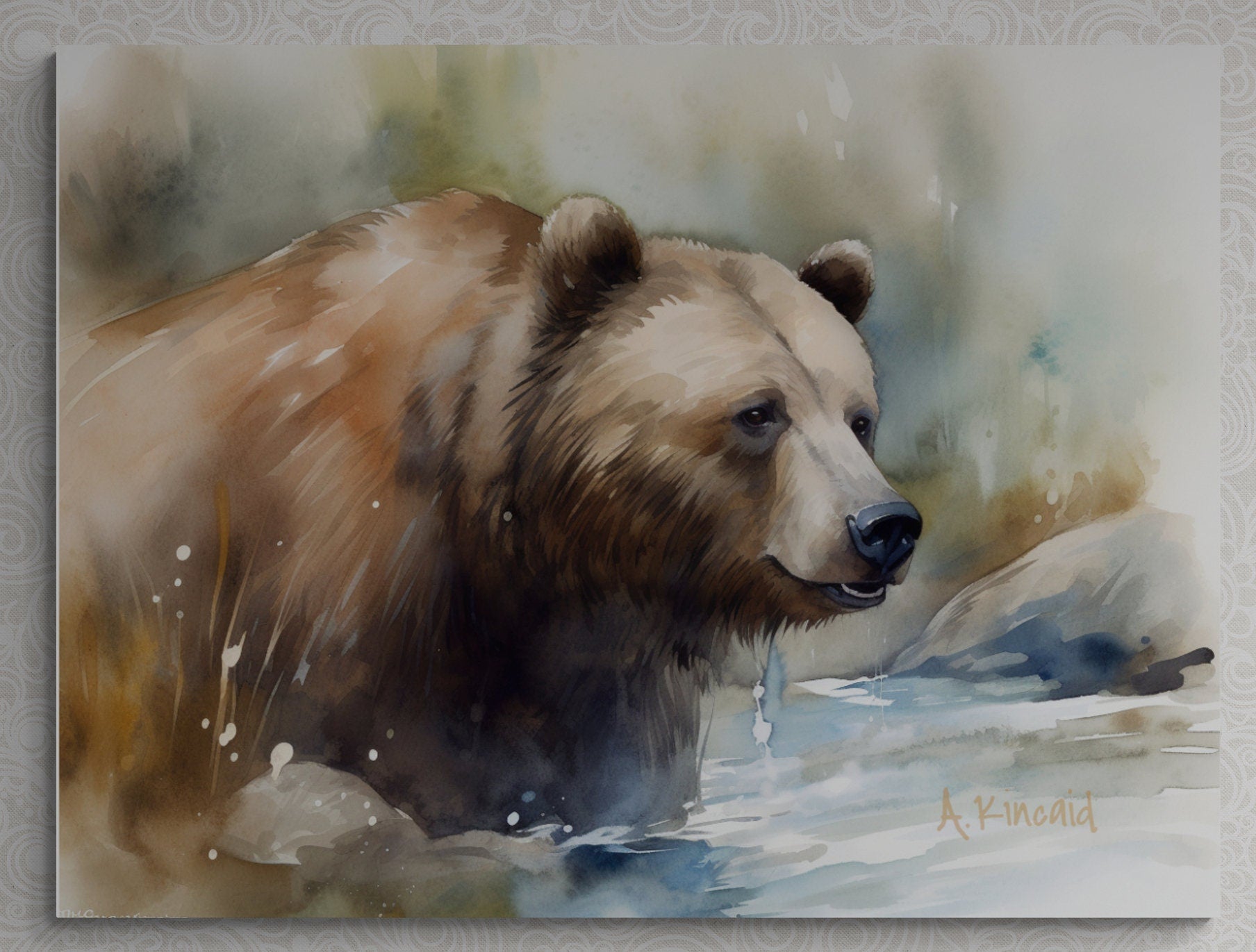 a painting of a brown bear in the water