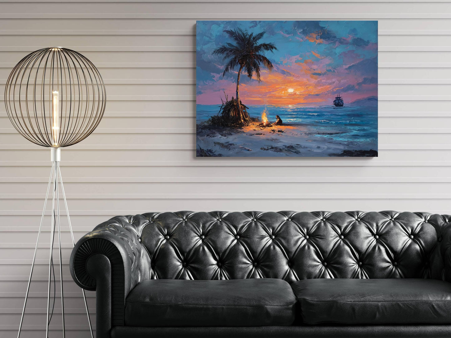 Pirate Castaway Island Canvas, Marooned Sailor Print, Deserted Beach Sunset Wall Decor, Signal Fire Oil Painting Style