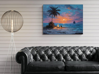 Pirate Castaway Island Canvas, Marooned Sailor Print, Deserted Beach Sunset Wall Decor, Signal Fire Oil Painting Style