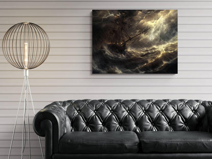 Pirate Ship Severe Storm Canvas, Lightning Tempest Print, Massive Waves Wall Decor, Dramatic Maritime Disaster Painting
