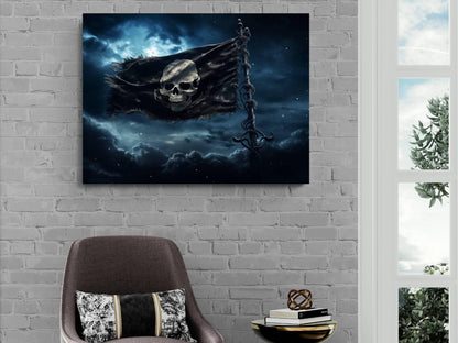Black Pirate Flag Canvas Art, Jolly Roger Skull Print, Gothic Nautical Wall Decor, Crossbones Maritime Painting, Dark Pirate Wall Art