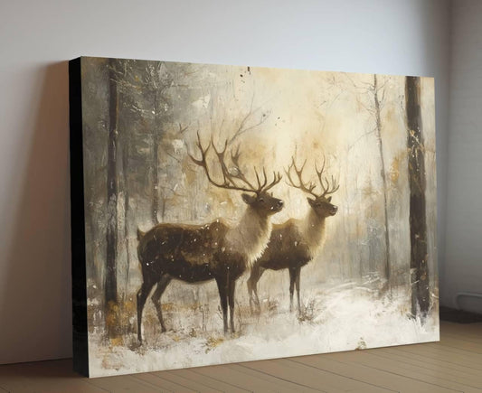 Winter Reindeer Art Print | Rustic Woodland Animals Wall Decor | Snowy Forest Nature Painting | Farmhouse Home | Stag Antler Wildlife