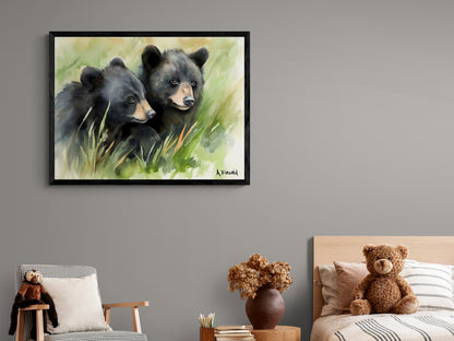 Black Bear Cubs in Grass | Canvas Print | Wildlife Art | Cabin Art | Forest Art | Archer Kincaid | watercolor bears | baby bear watercolor