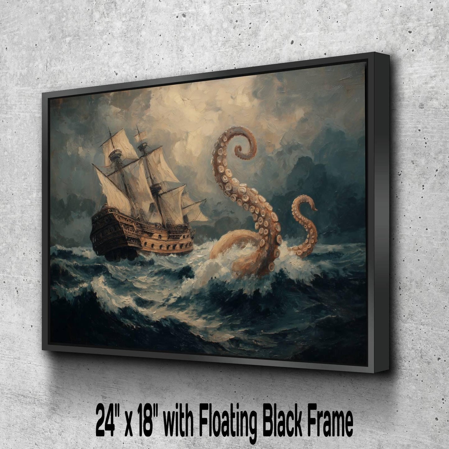 Vintage Kraken Pirate Ship Canvas, Oil Painting Style Octopus Print, Classic Maritime Wall Decor, Stormy Sea Monster Artwork