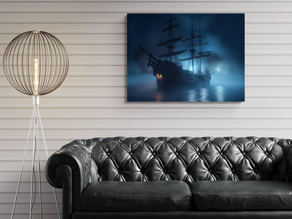 Pirate Ship in Fog Canvas Art, Blue Misty Nautical Print, Moody Maritime Wall Decor, Atmospheric Sailing Ship Painting