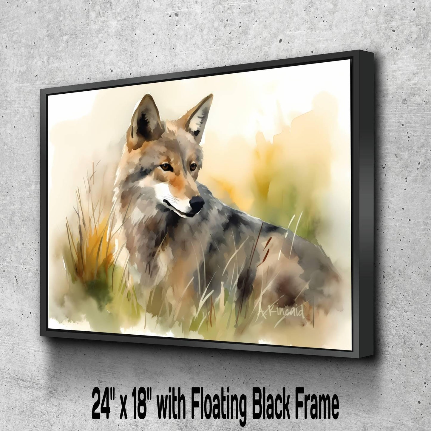 A painting of a wolf in a grassy field, with a floating black frame.