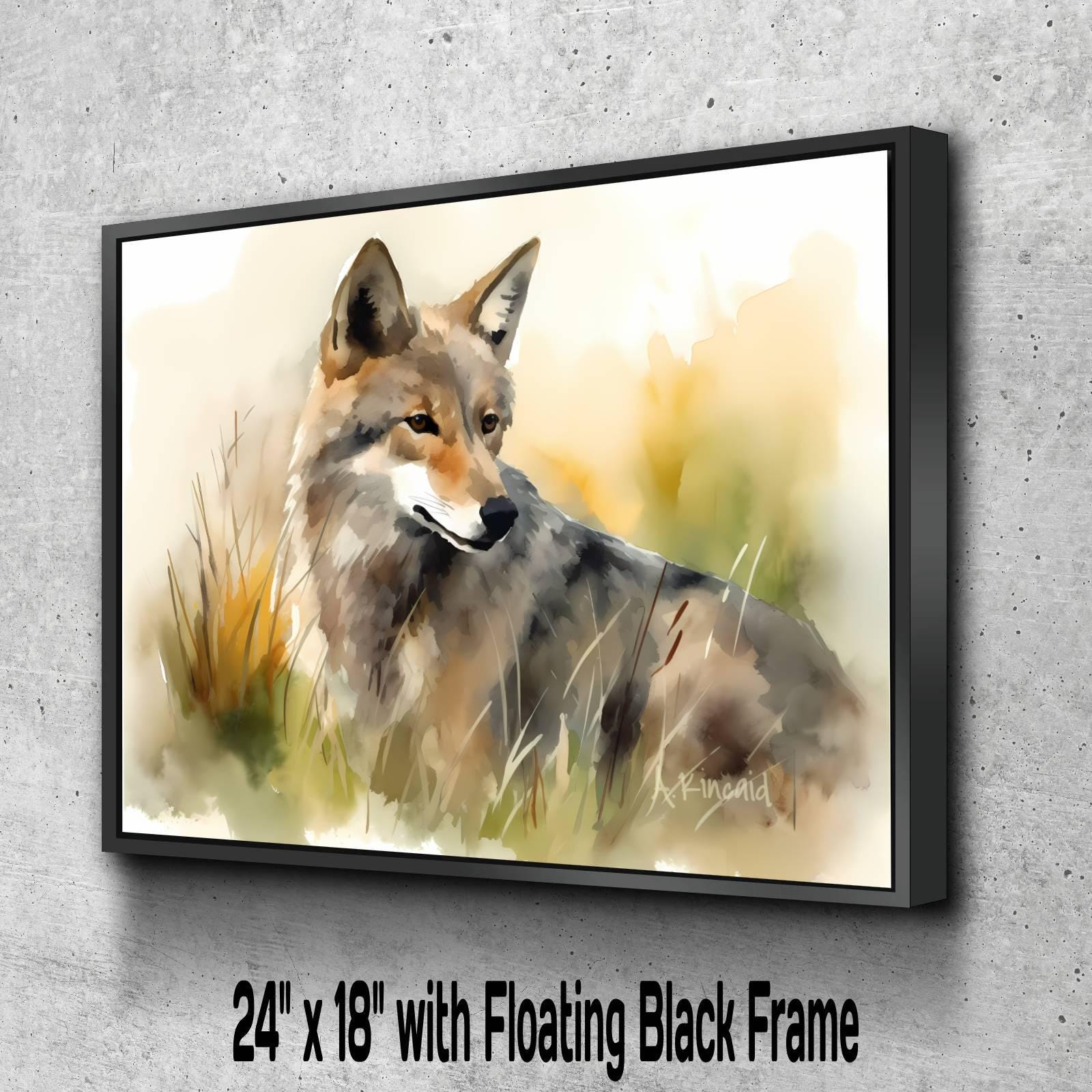 A painting of a wolf in a grassy field, with a floating black frame.