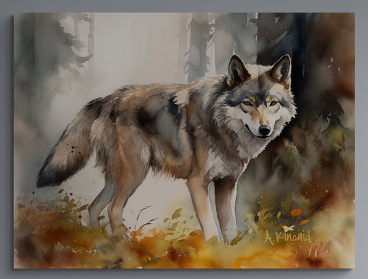 a painting of a wolf in the woods