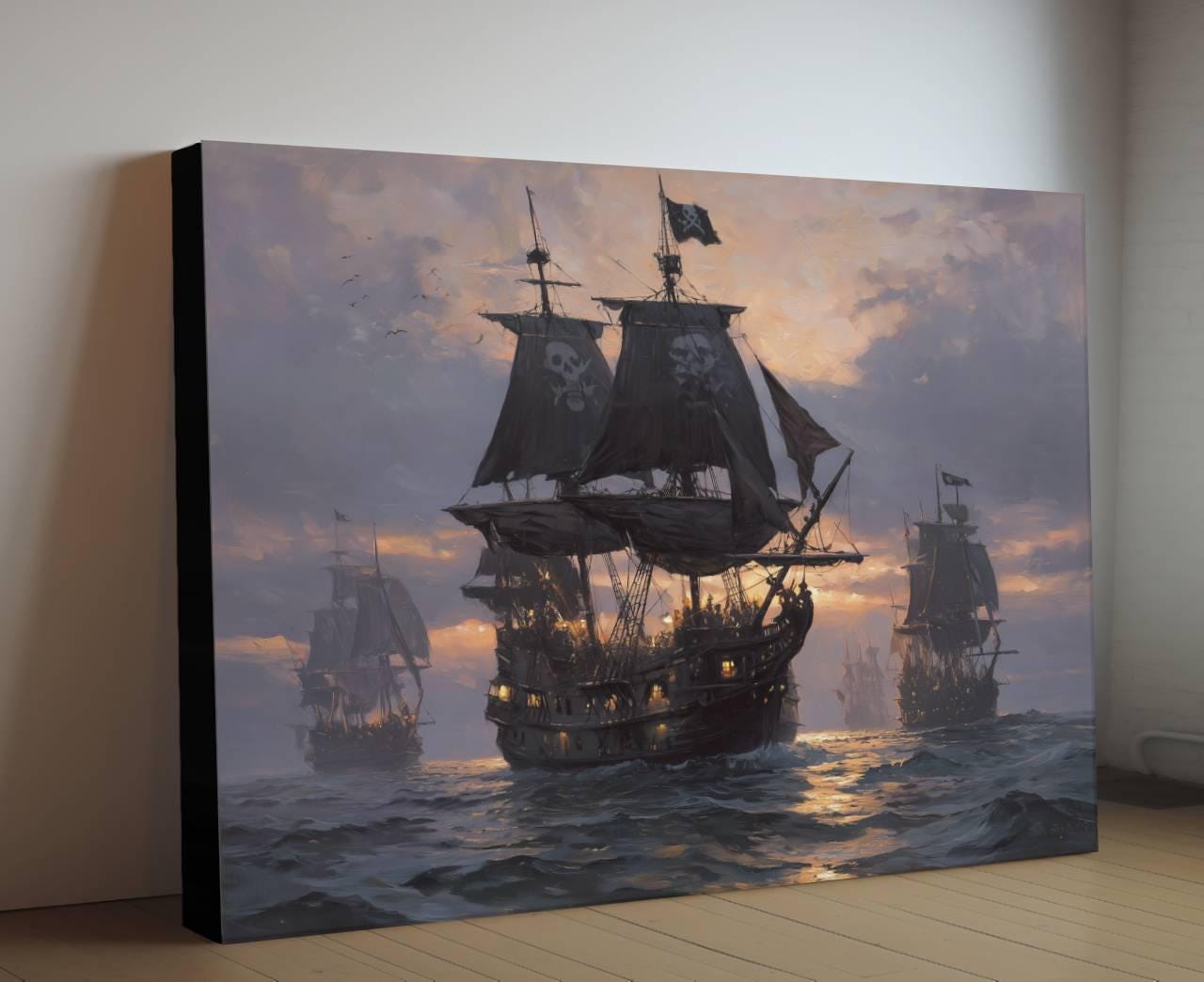 Pirate Fleet Sunset Canvas, Jolly Roger Ships Print, Golden Hour Nautical Wall Decor, Skull Flag Galleons Oil Painting Style