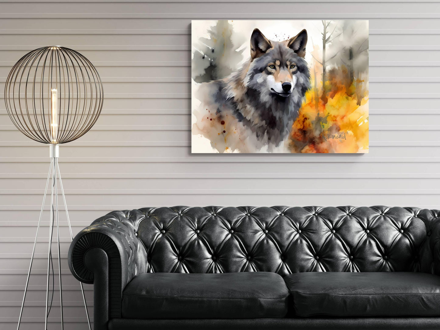 a large, detailed painting of a wolf on the wall, with a black leather couch in the foreground.