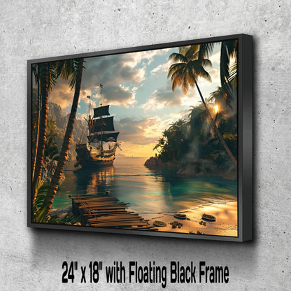 Pirate Hidden Cove Canvas, Tropical Island Hideout Print, Sunset Palm Beach Wall Decor, Secret Harbor Paradise Painting