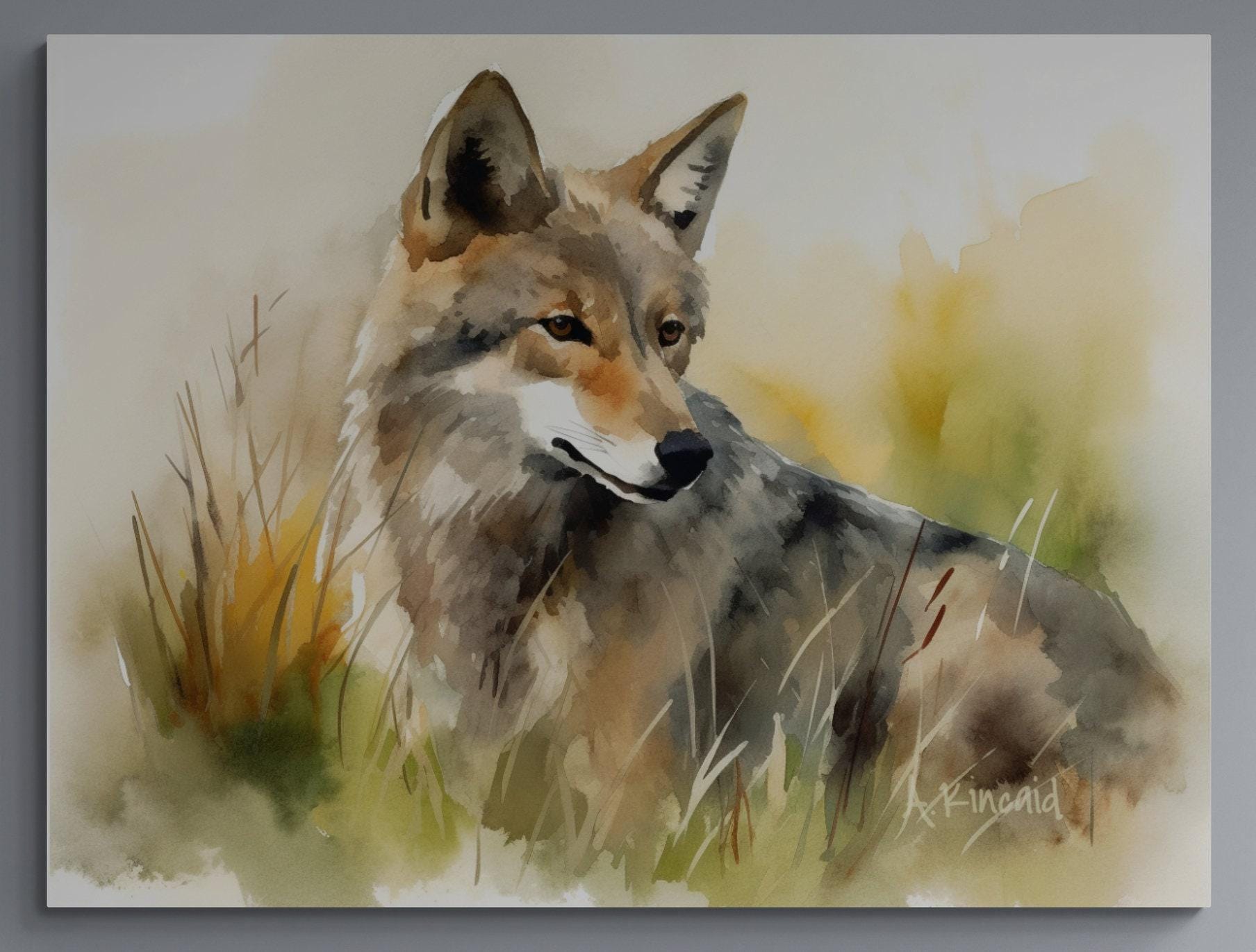a painting of a wolf sitting in the grass