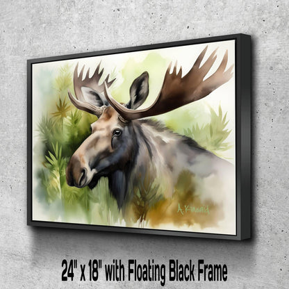 A moose with large antlers is depicted in a painting, set against a lush green background with foliage.