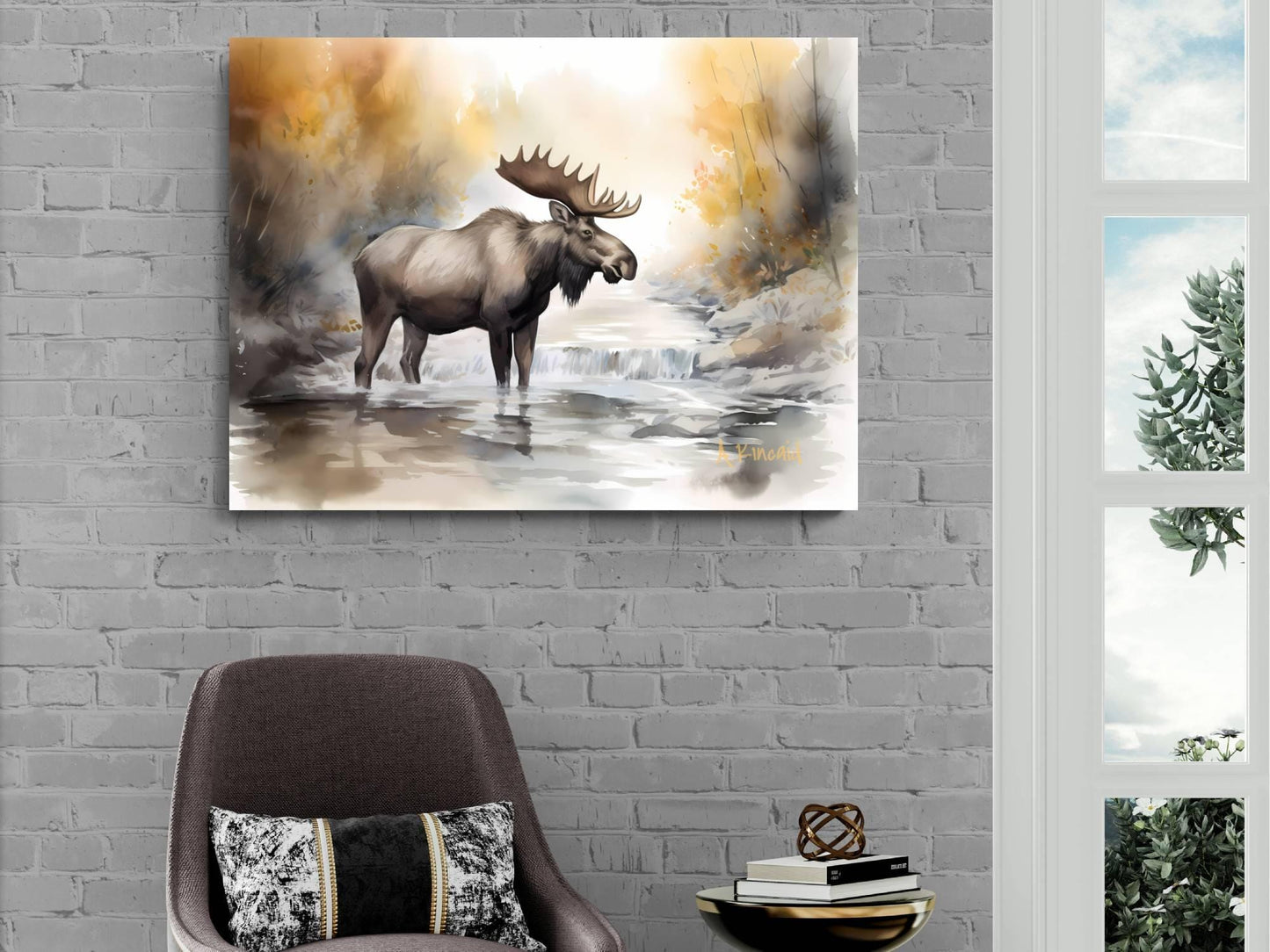 a large moose standing in a river, surrounded by a forest landscape.